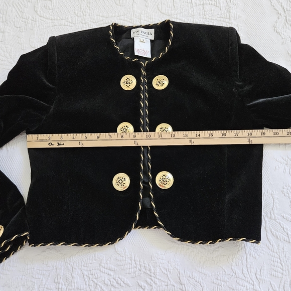90s blazer jacket Jon Tagia black velvet gold trim buttons cropped Union made 4 - Picture 4 of 10